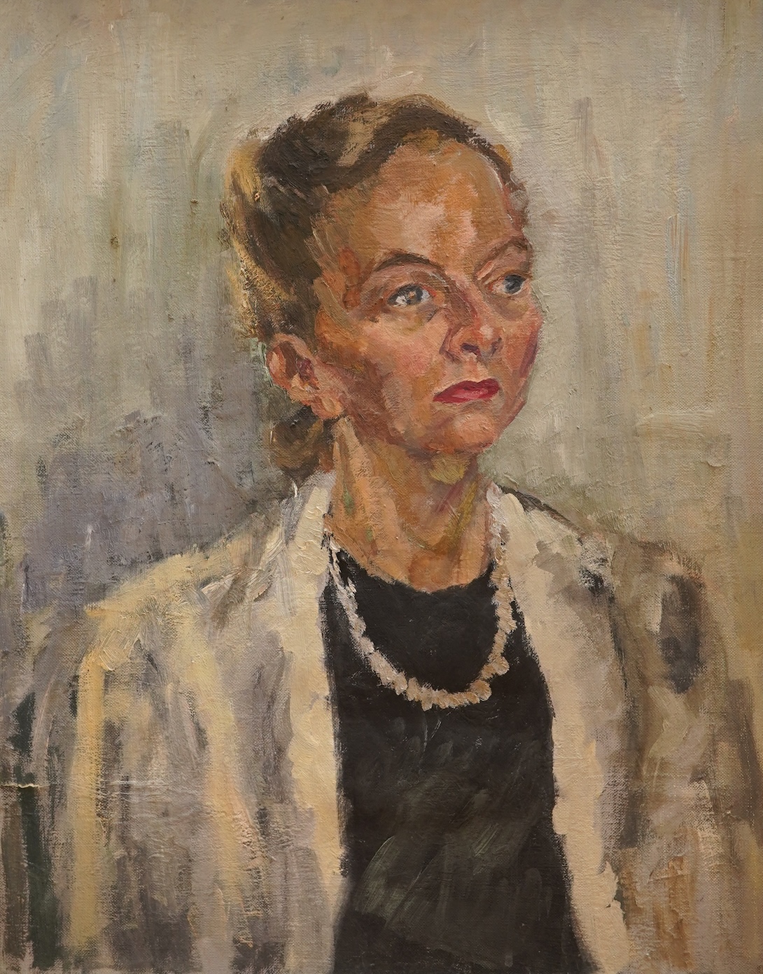 Sylvia Rowley (1904-1999), Portrait of Violet Hall, c.1940's, unsigned, label verso, Modern British oil on canvas, 51 x 41cm